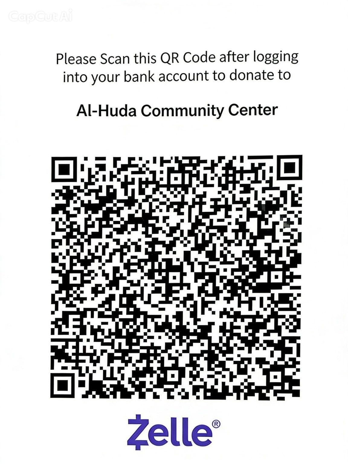 Zelle donation QR code for Al-Huda Community Center